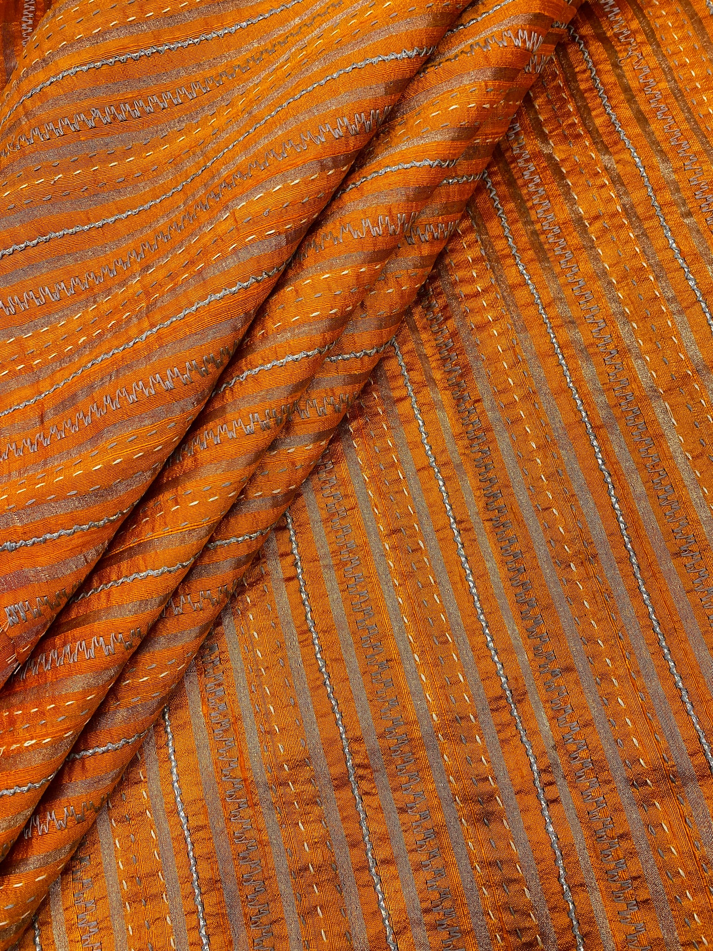 Pure Raw Silk Tissue Stripes With Hand Katha Work