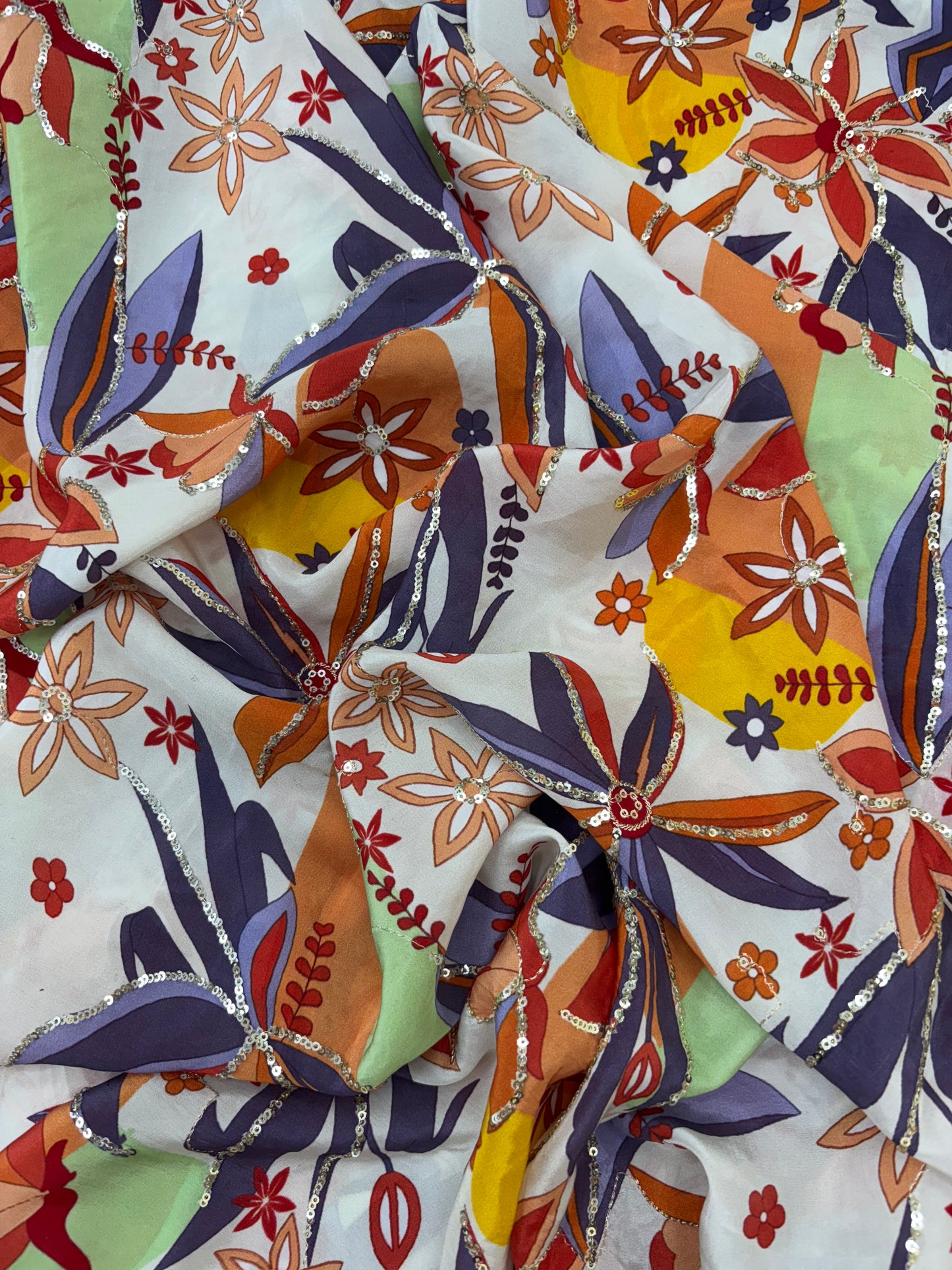 Pleasing Pretty Multi Color Floral Print With Zari Work On Crepe Fabric