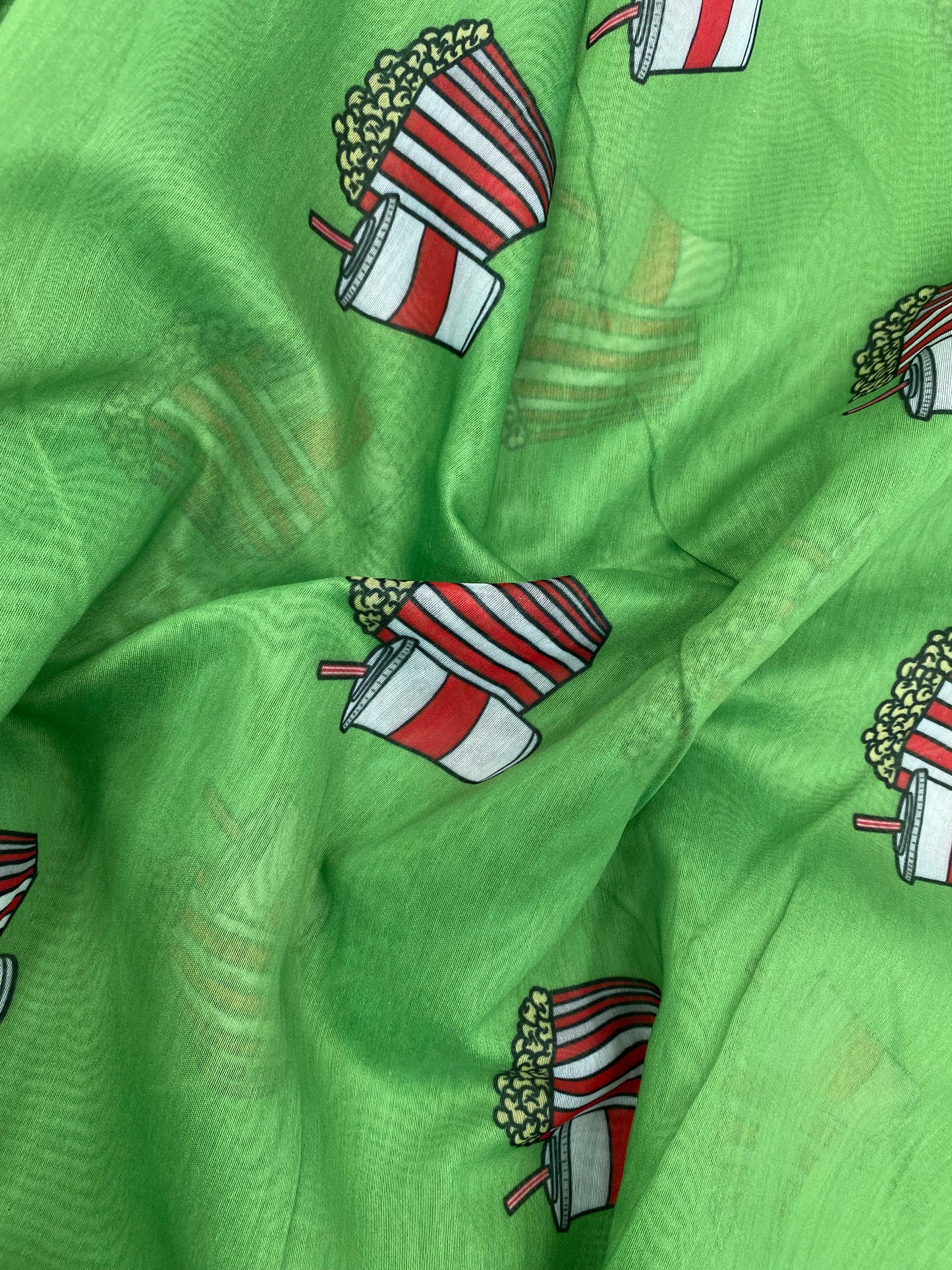 Attractive Unique Adorable Popcorn And Cold drink Print On Chanderi Fabric