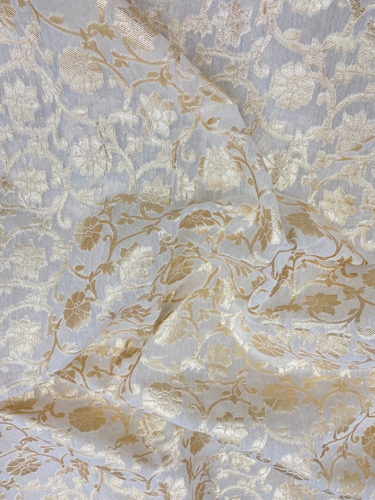 Beautiful Adorable Floral Golden Zari Work On White Dyeable Banarasi Chanderi Jacquard Fabric