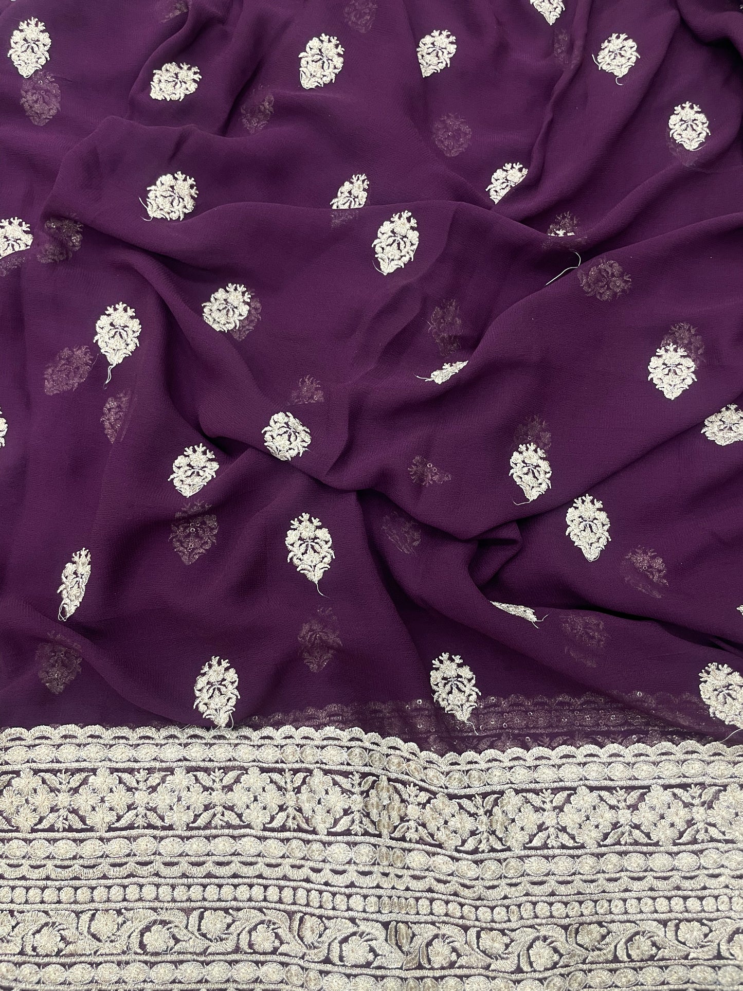Amazing Striking Traditional Zari Butti Work And Heavy Zari Border On Georgette Fabric