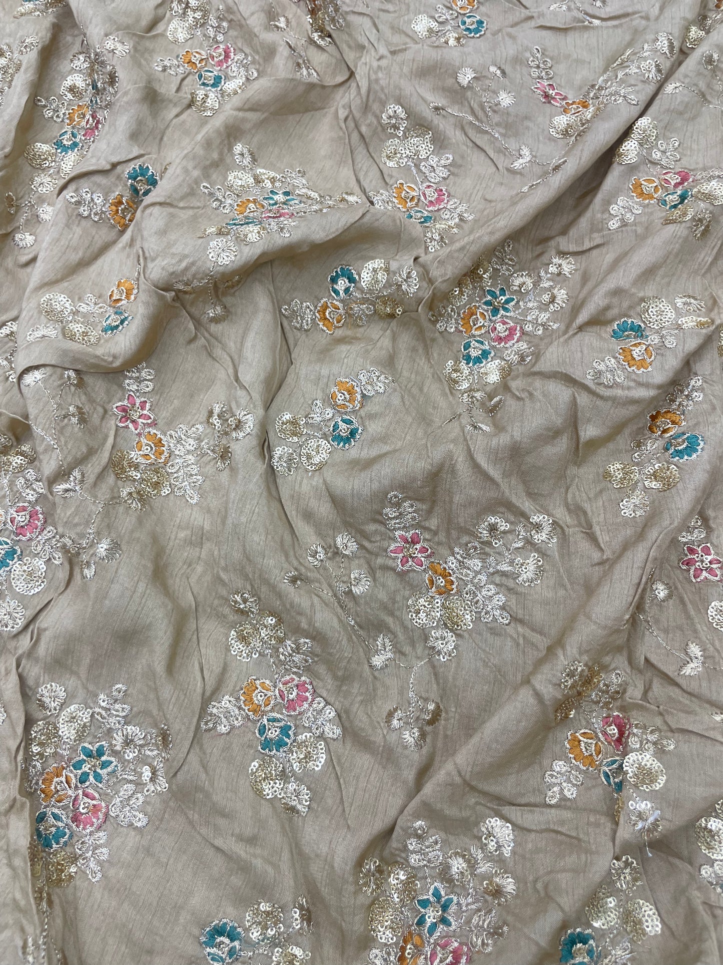 Radiant Elegant Multi Color Floral Thread Embroidery With Premium Sequin Work On Dola Silk Fabric