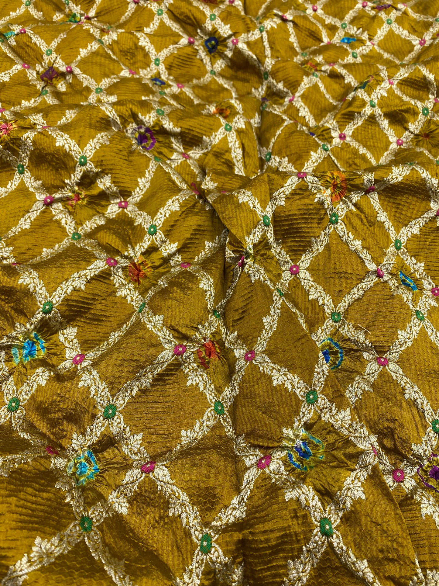 Pure Dupion Silk Zari Jacquard With Hand Bandhni (Color Available) 44"Inch