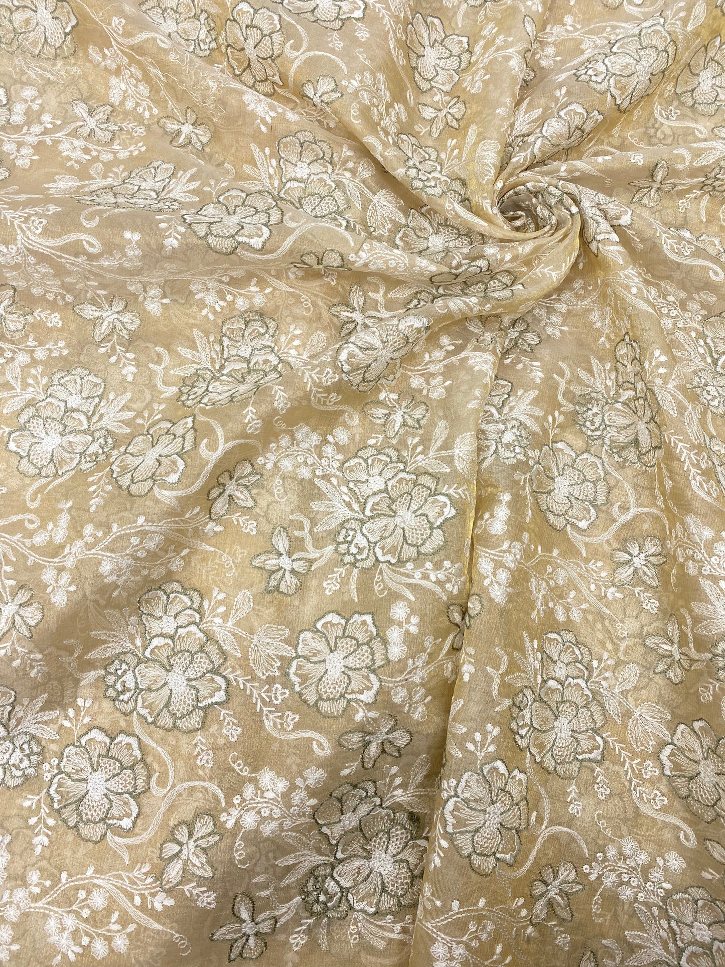 Superb Eye Catching Floral White & Green Thread Embroidery On Dyeable Tissue Fabric