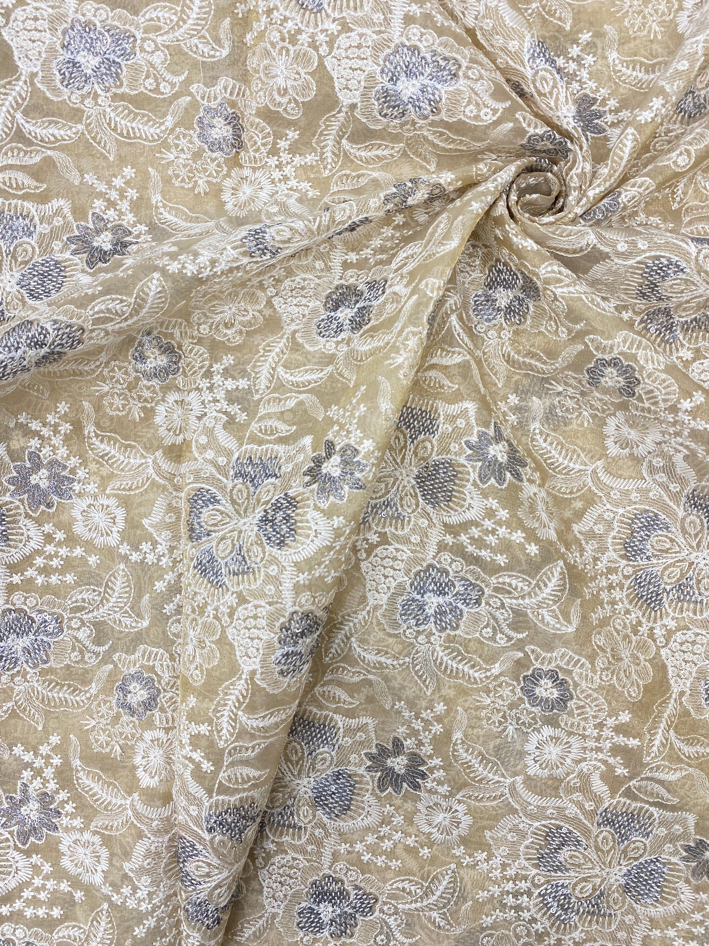 Superb Eye Catching Floral White & Blue Thread Embroidery On Dyeable Tissue Fabric