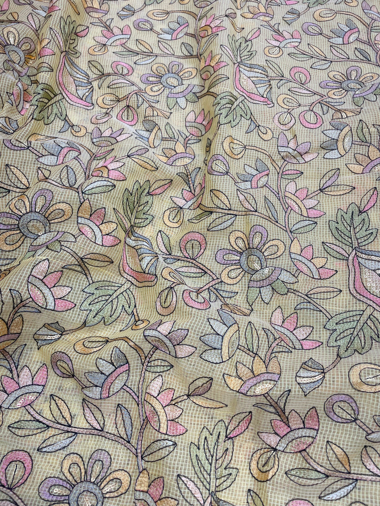 Delicate Fantastic Multi Color Floral Thread Embroidery On Kota Doria Fabric