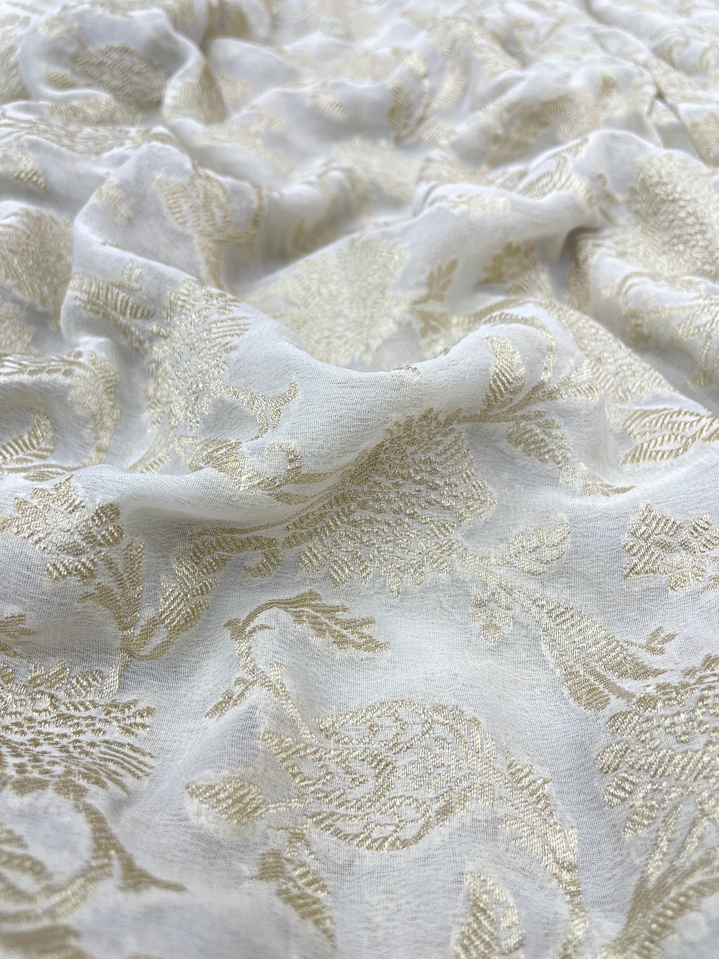 Beautiful Subtle Yet Elegant Floral Golden Zari Work On Pure Khadi Georgette Dyeable Fabric