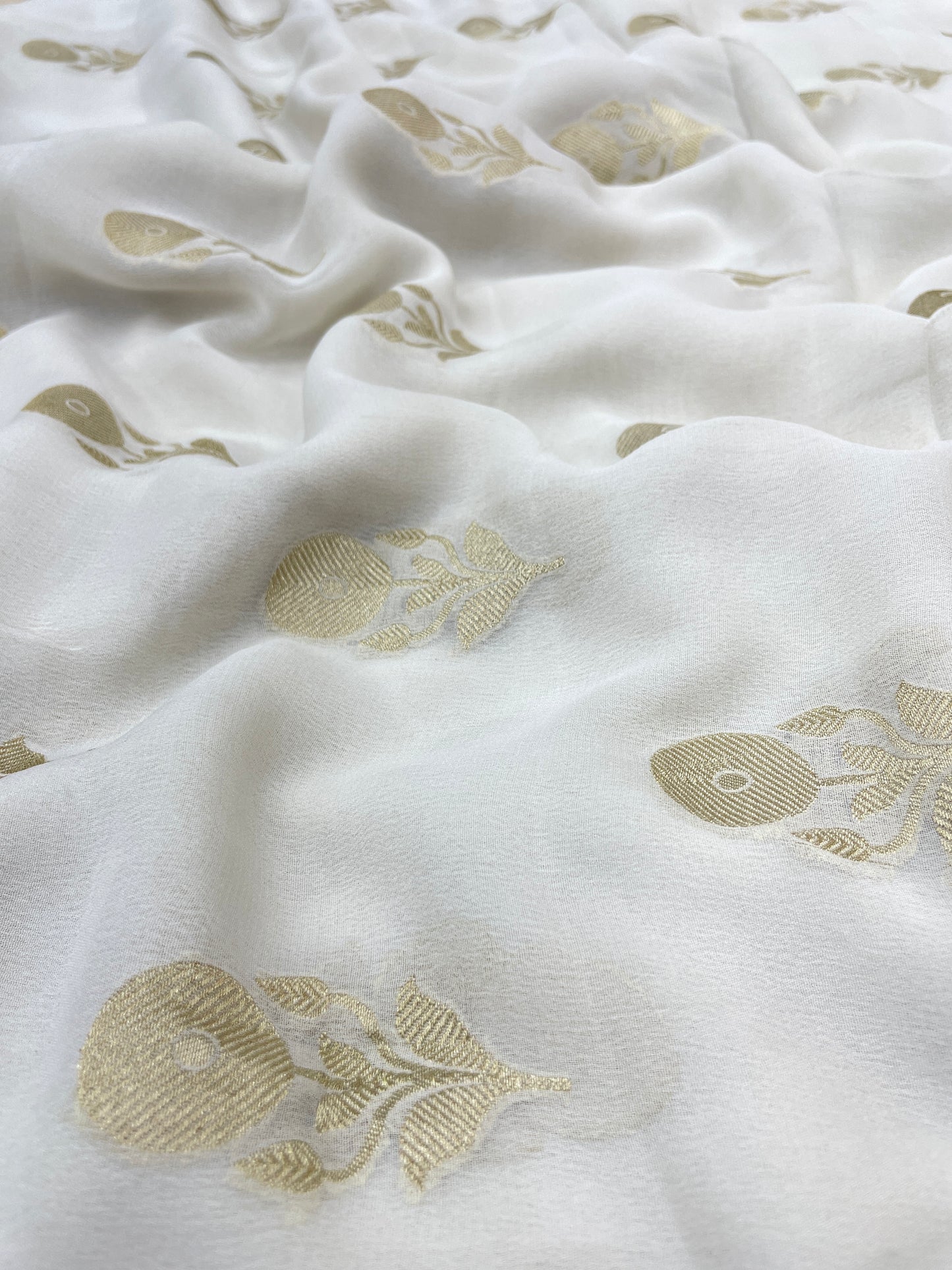 Excellent Luxurious Flower Golden Zari Work On Pure Khadi Georgette Dyeable Fabric