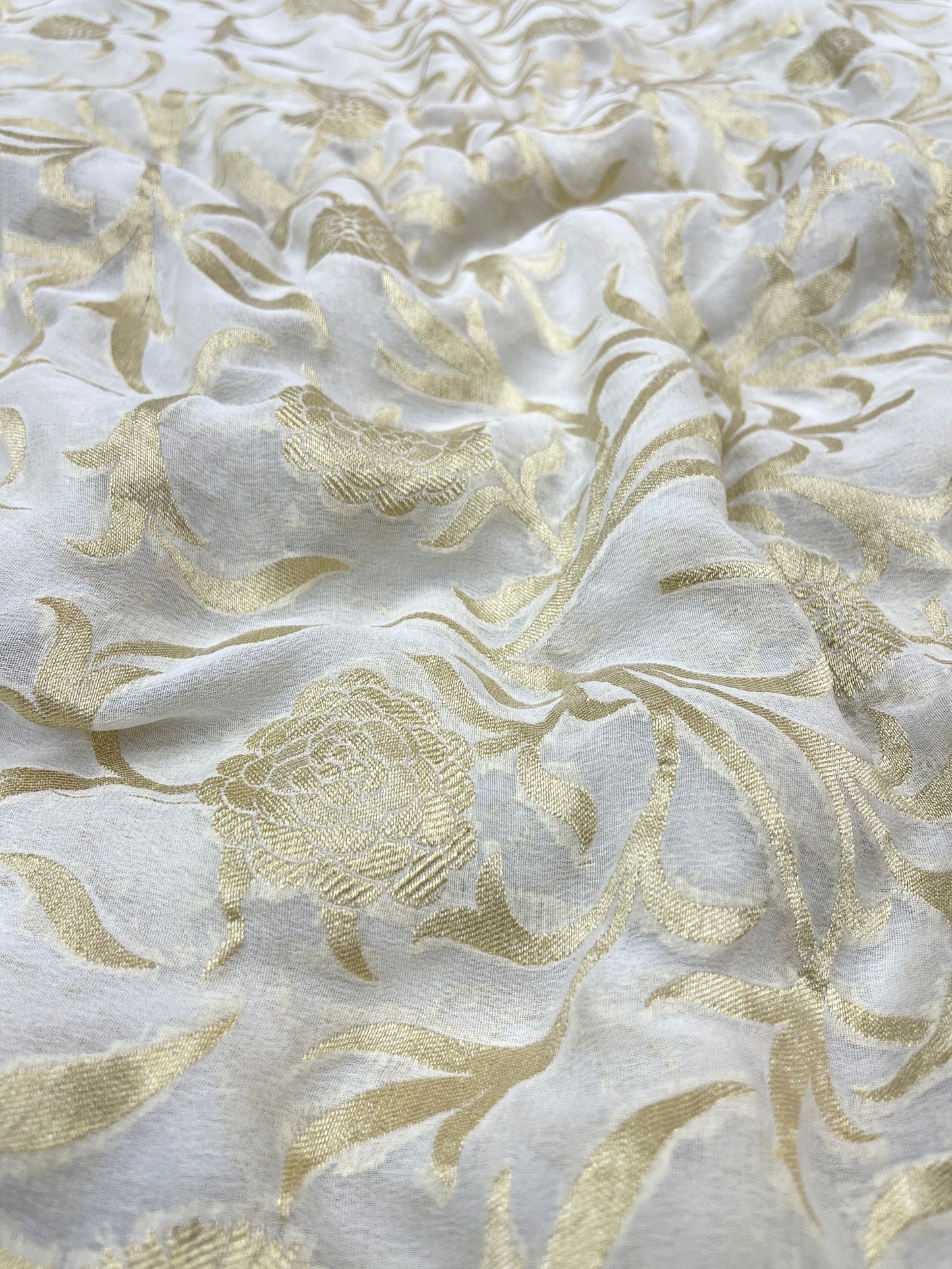 Beautiful Pretty Floral Golden Zari Work On Pure Khadi Georgette Dyeable Fabric