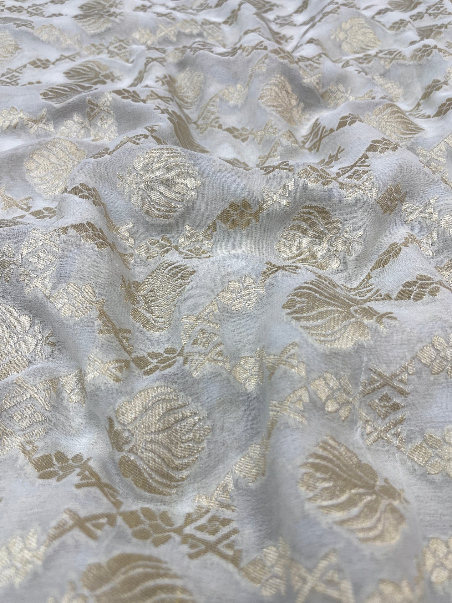 Brilliant Classic Traditional Golden Zari Work On Pure Khadi Georgette Dyeable Fabric