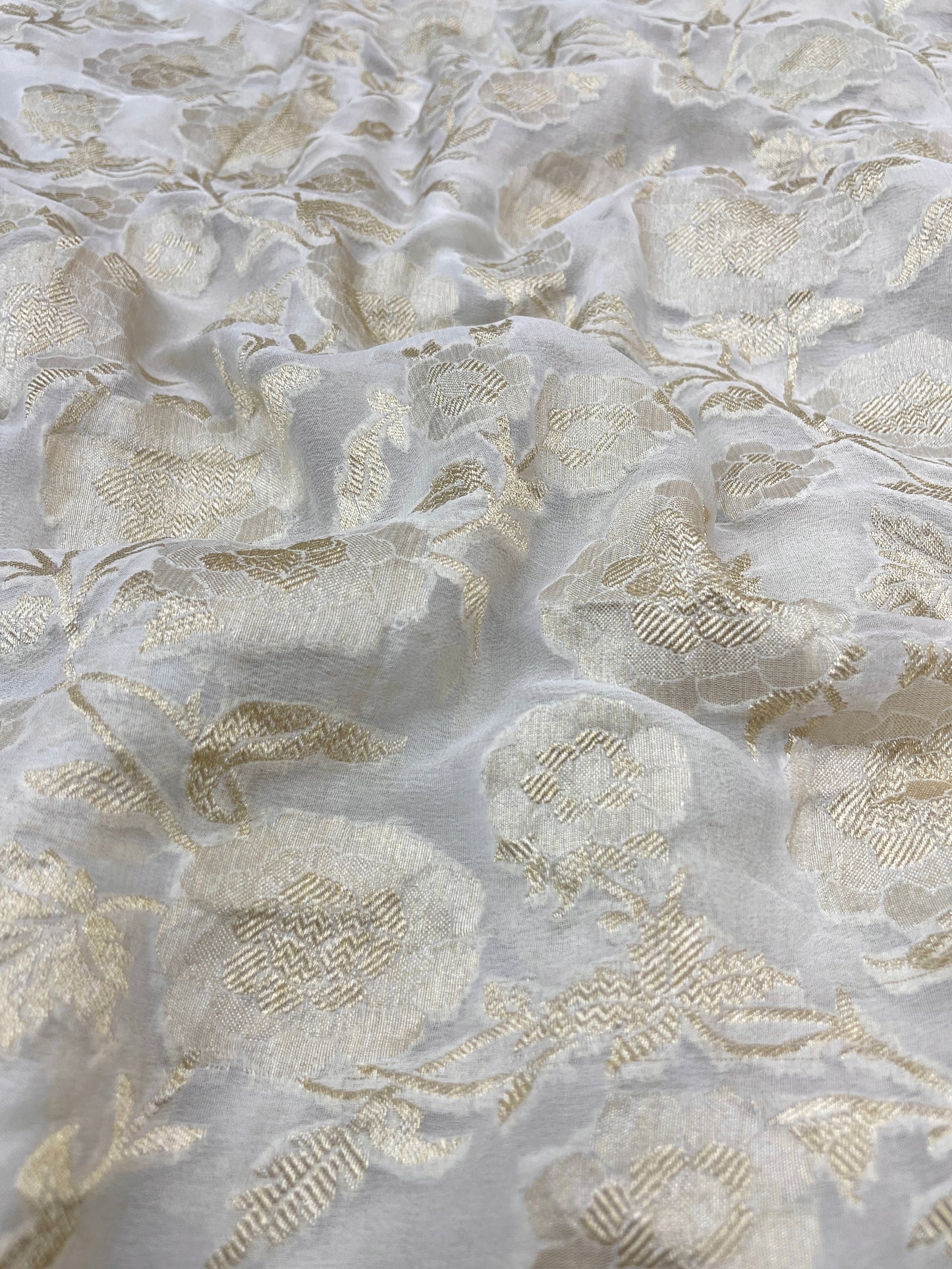 Marvelous Fantastic Floral Golden Zari Work On Pure Khadi Georgette Dyeable Fabric