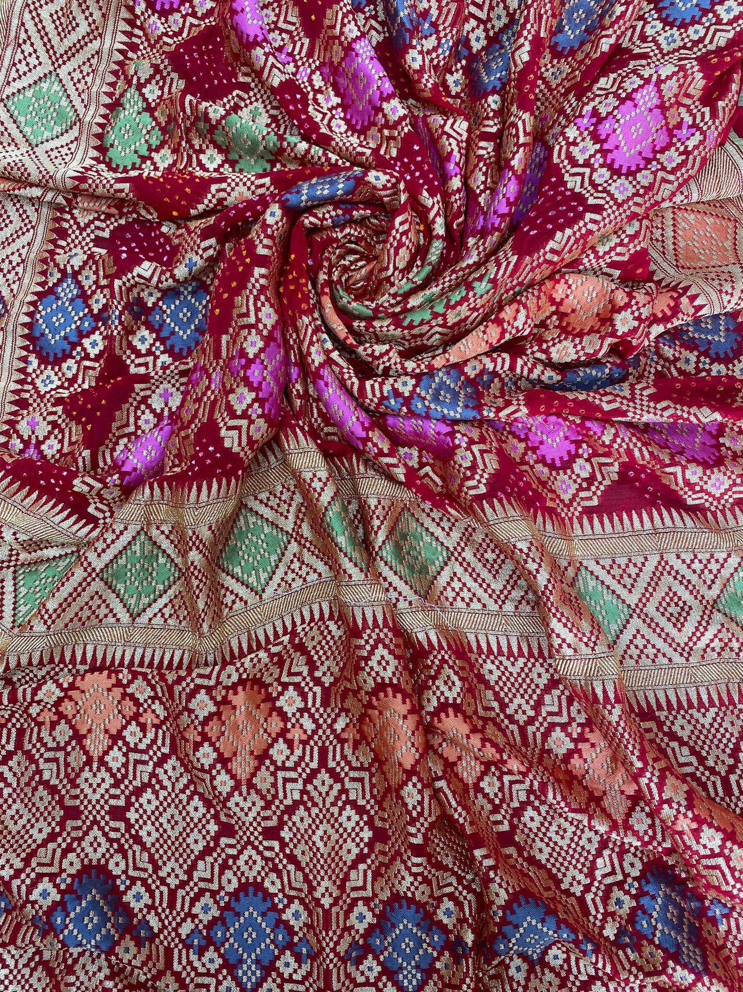 Unique Attractive Diamond Shaped Traditional Embroidery With Hand Bandhani Print, Meenakai Work And Premium Golden Zari Work On Pure Khadi Georgette Dupatta