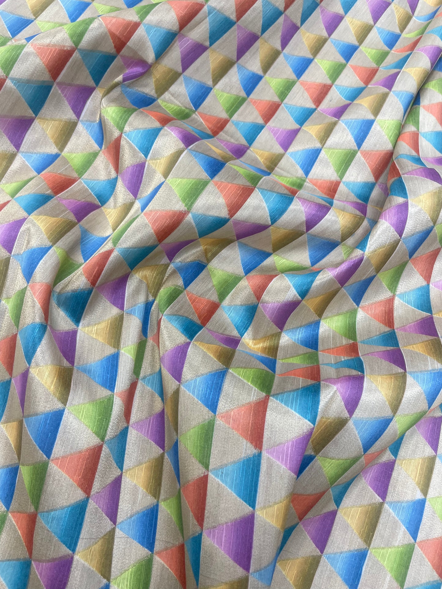 Adorable Multi Color Abstract Triangle Print On Dupion Silk Fabric