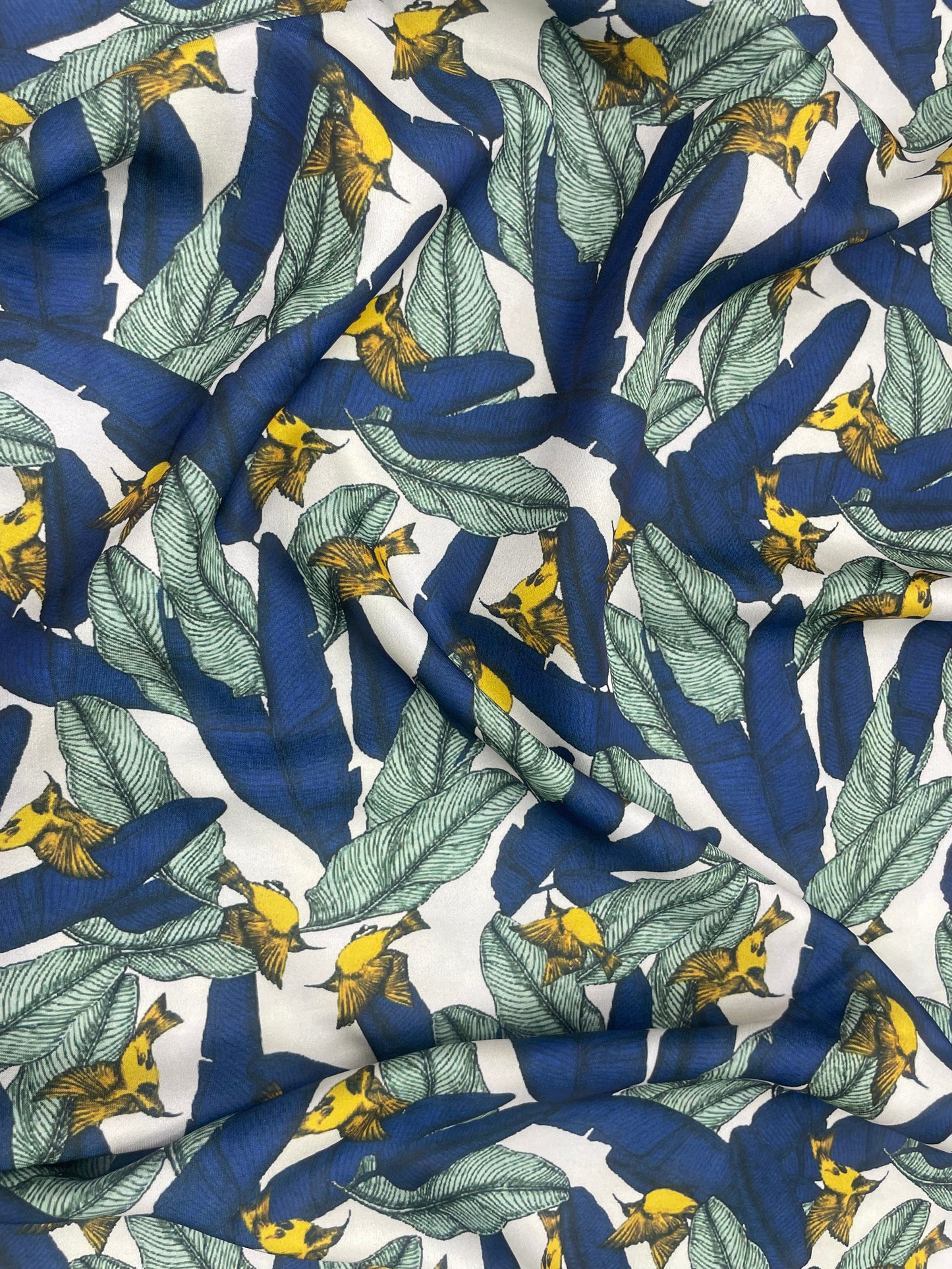 Magnificent Premium Bright Leaves And Bird Print All Over Satin Fabric