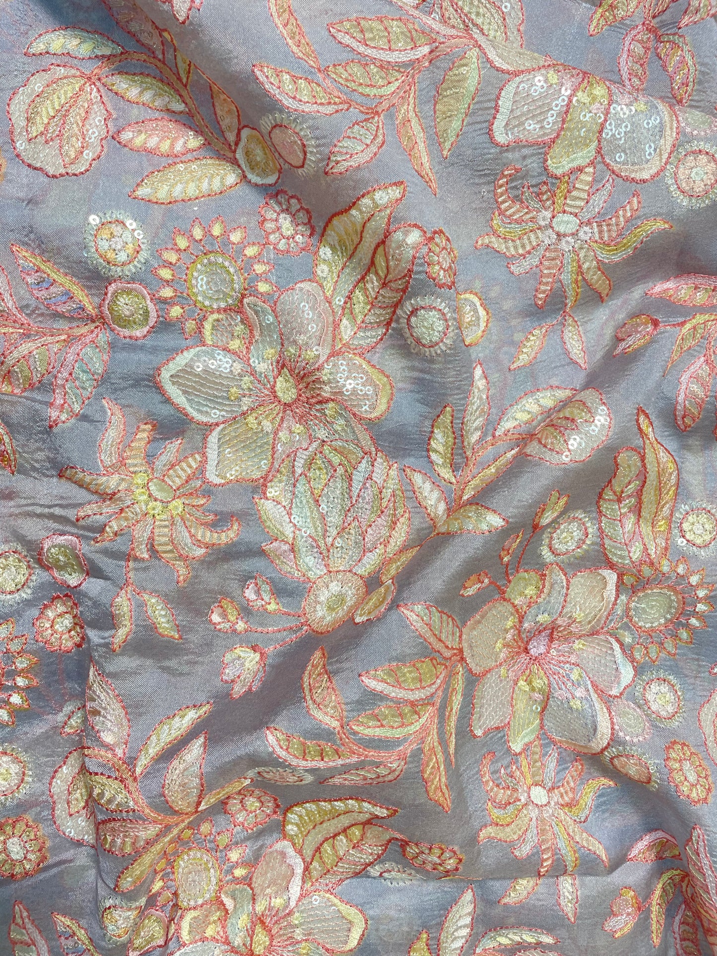 Elegant Beautiful Leafy Thread Embroidery And Print With Sequin Work On Pure Silk Fabric