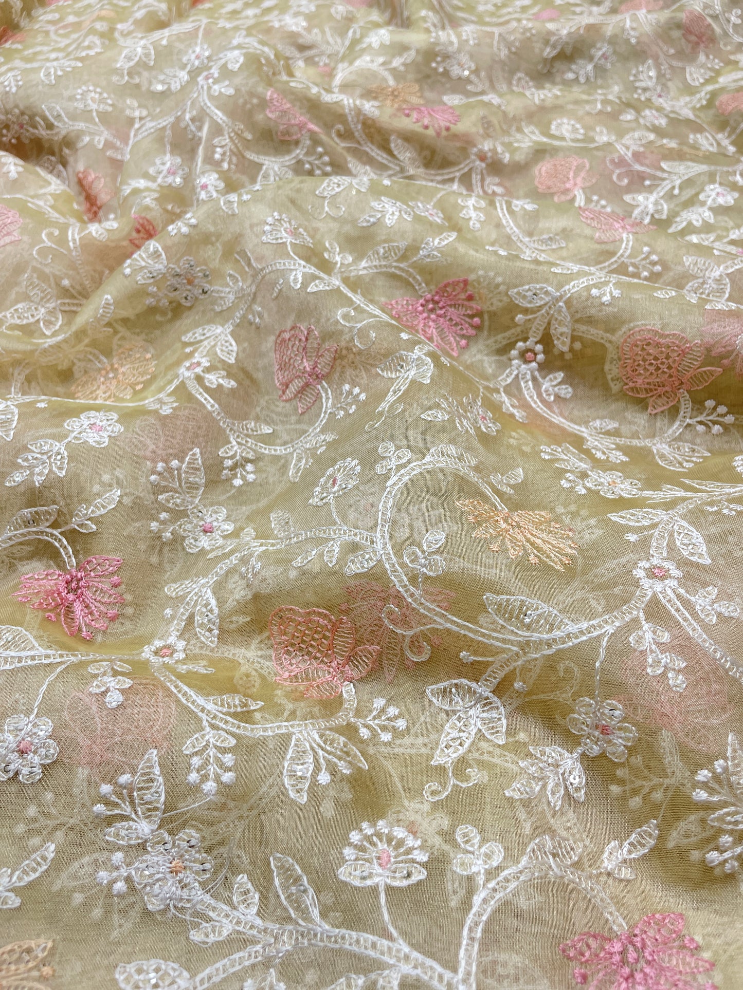 Eye Catching Unique Floral Thread Embroidery On Pure Silk Tissue Fabric