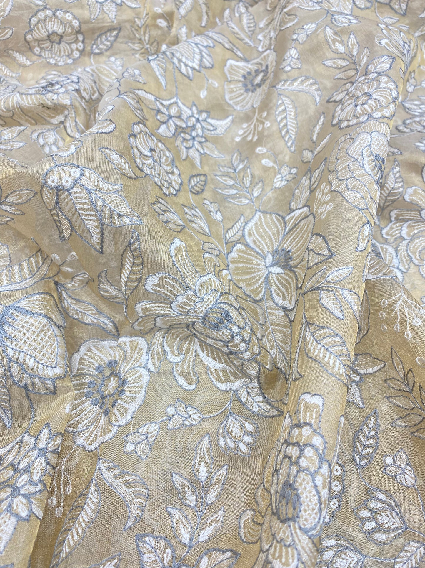 Lovely Eye Catching Floral White & Grey Thread Embroidery On Dyeable Tissue Fabric