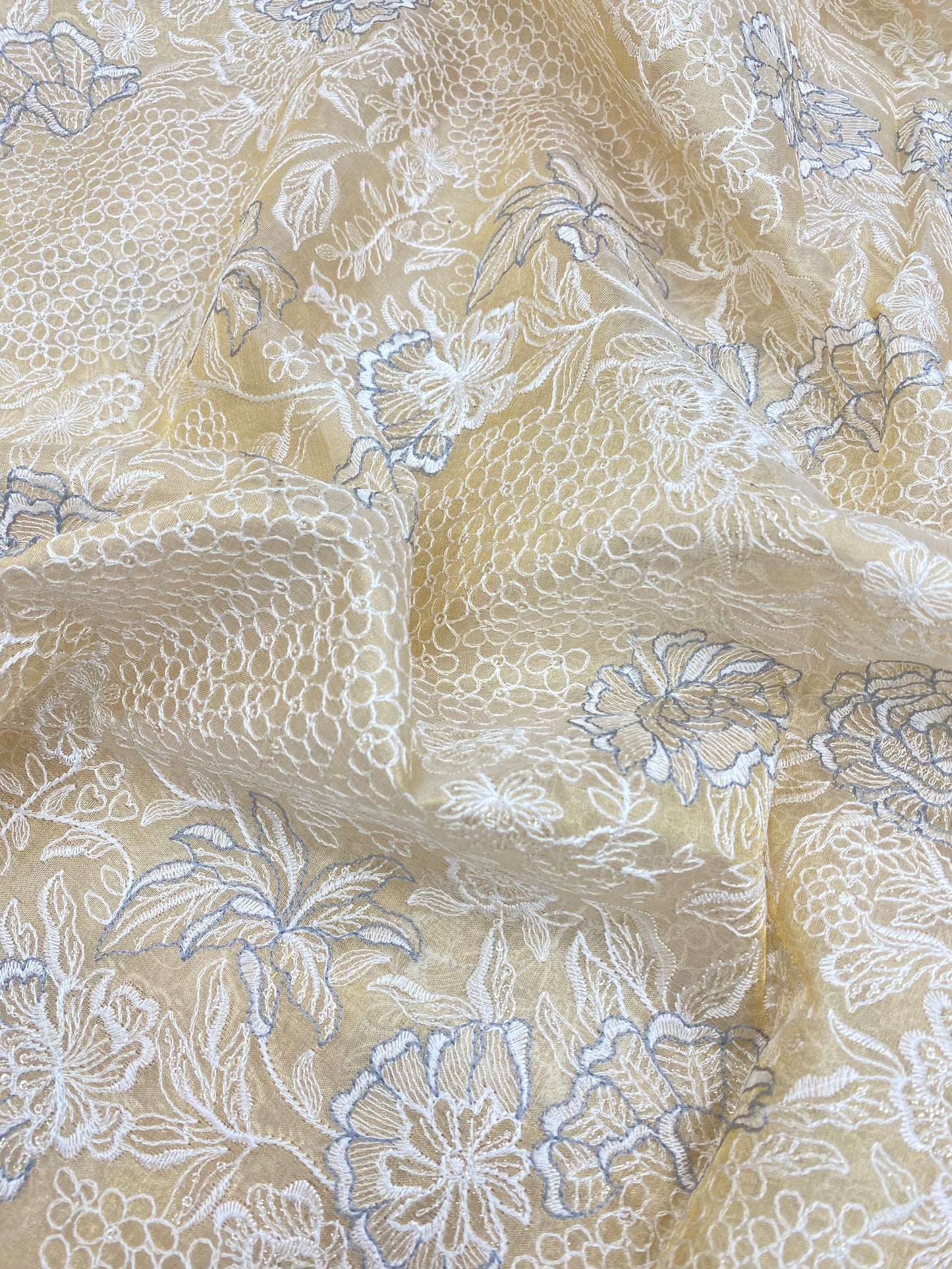 Superb Eye Catching Floral White & Grey Thread Embroidery On Dyeable Tissue Fabric