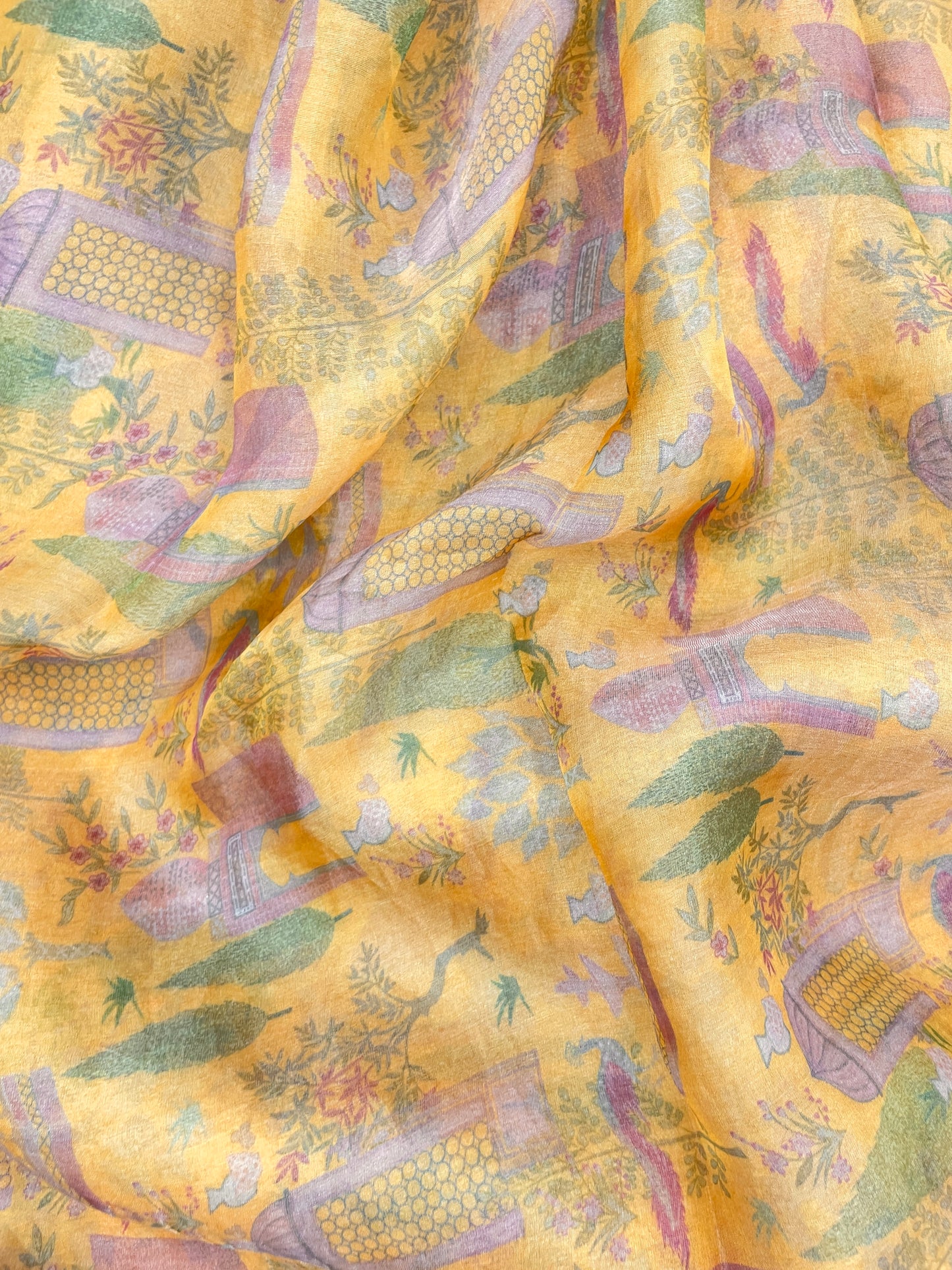 Elegant Gorgeous Tree And Peacock Print On Tissue Fabric