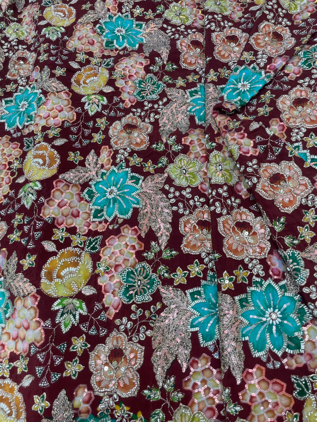 Crepe Position Print Embroidery With Beads (Color Available) 44"Inch