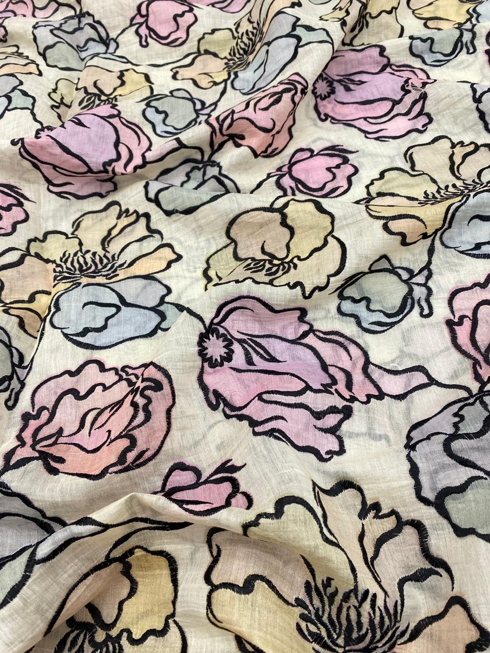 Chanderi Print With Emboidery (Colour Available) 44"Inch