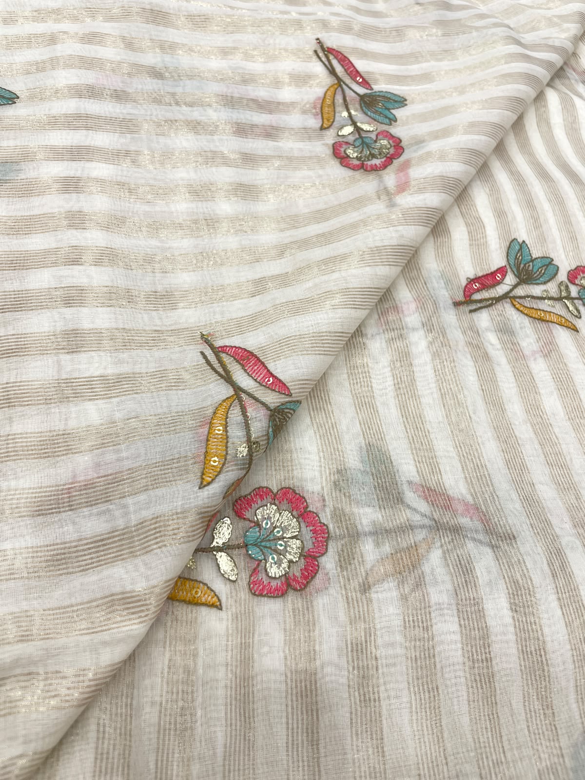Dyeable Chanderi Silk Tissue Stripes With Embroidery