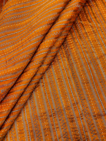Pure Raw Silk Tissue Stripes With Hand Katha Work