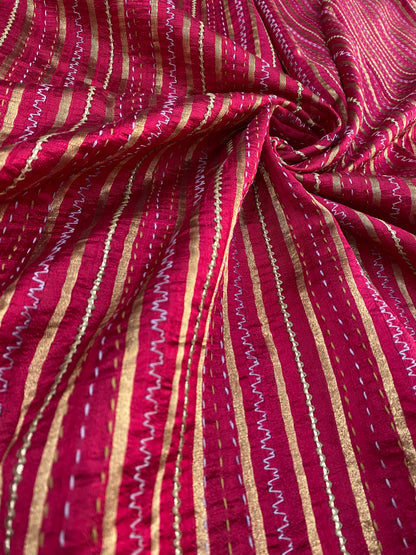 Pure Raw Silk Tissue Stripes With Hand Katha Work