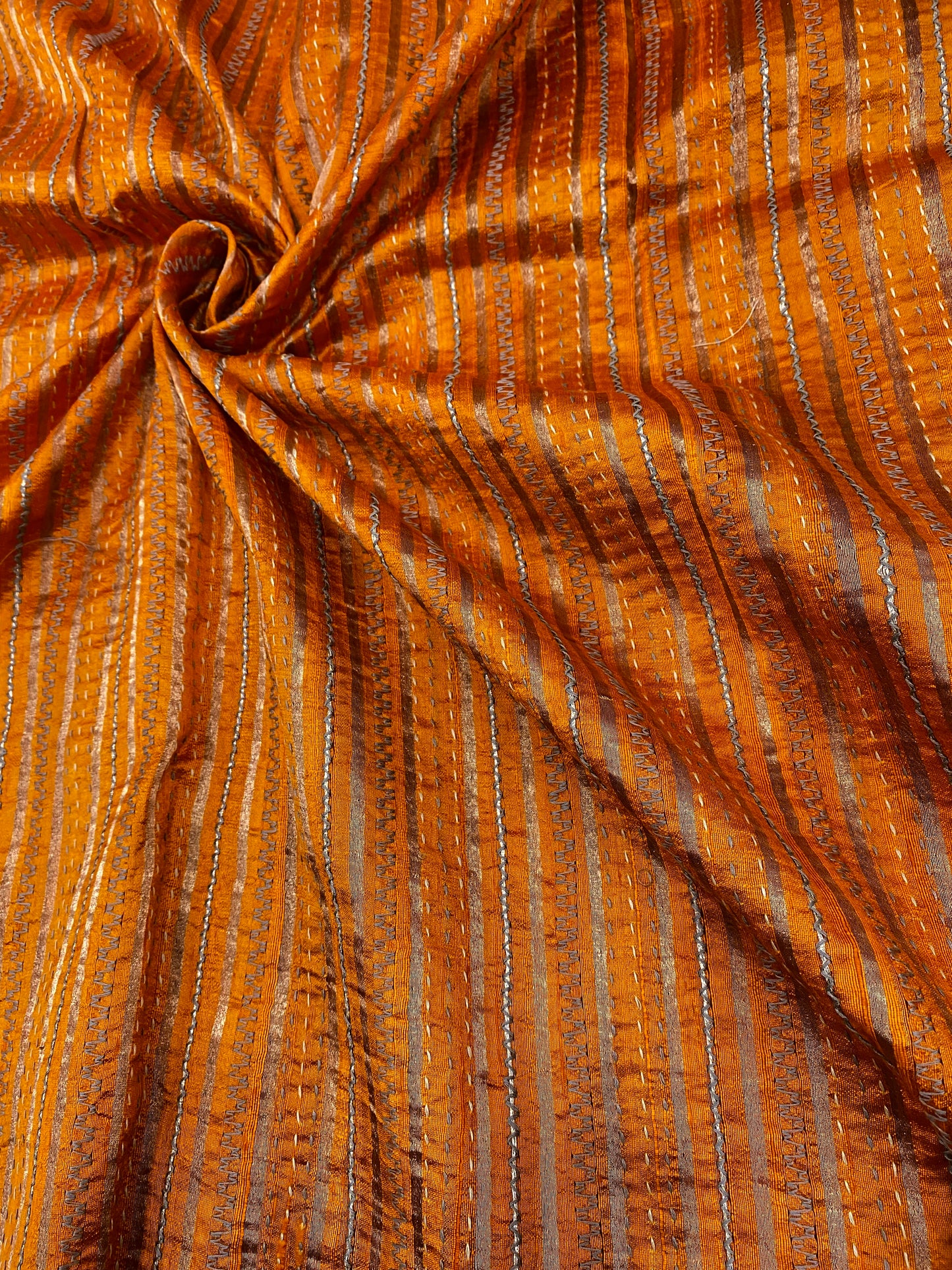 Pure Raw Silk Tissue Stripes With Hand Katha Work
