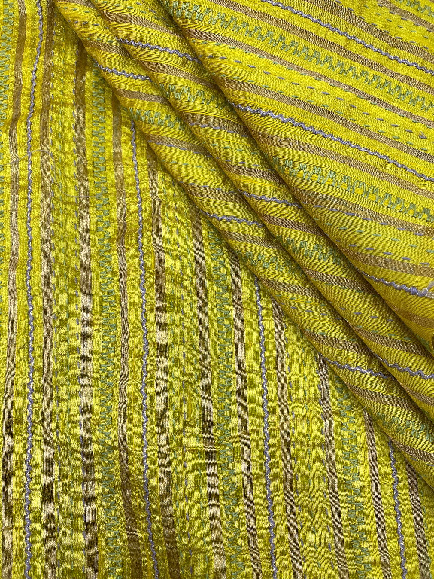 Pure Raw Silk Tissue Stripes With Hand Katha Work