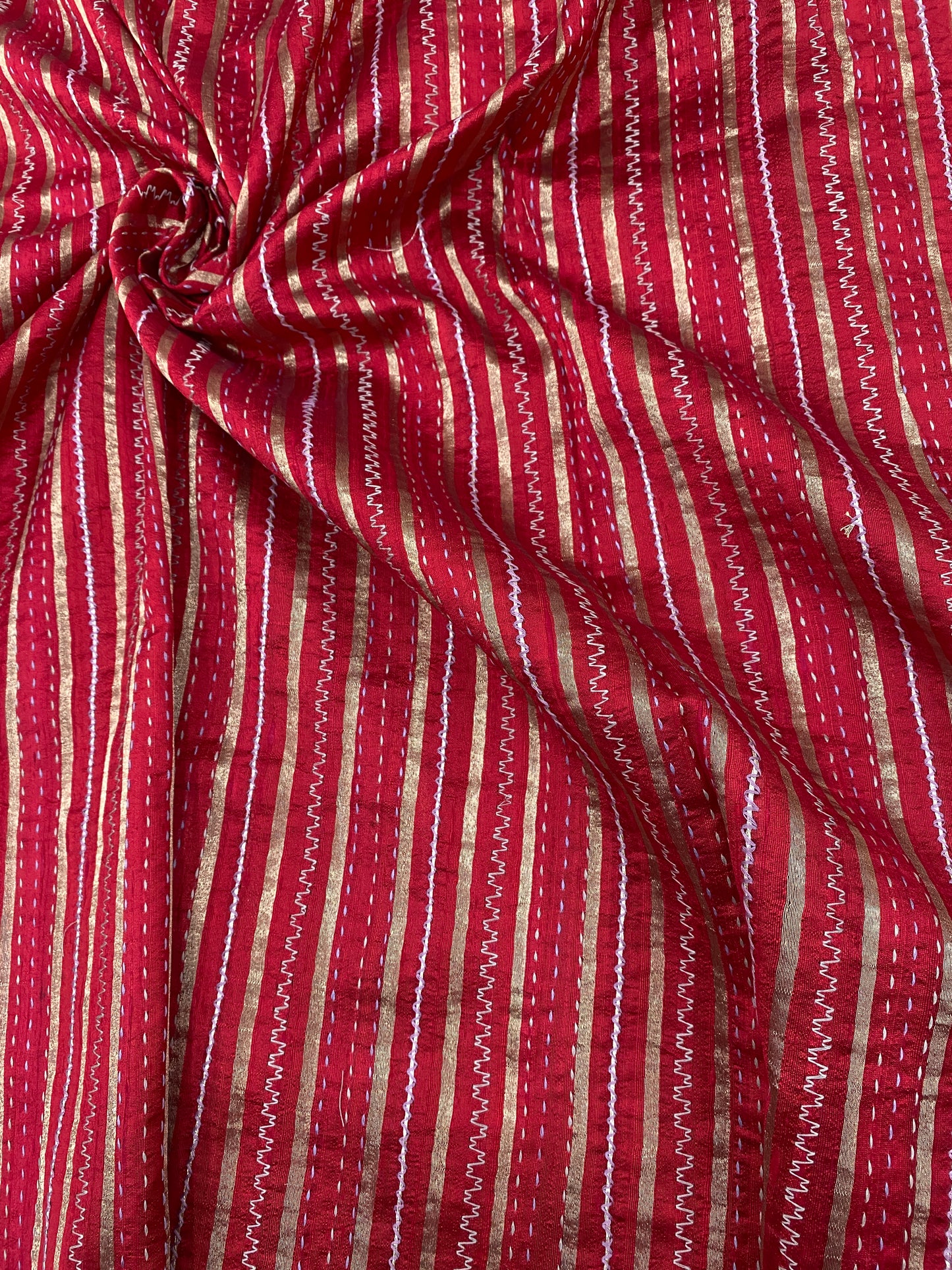 Pure Raw Silk Tissue Stripes With Hand Katha Work
