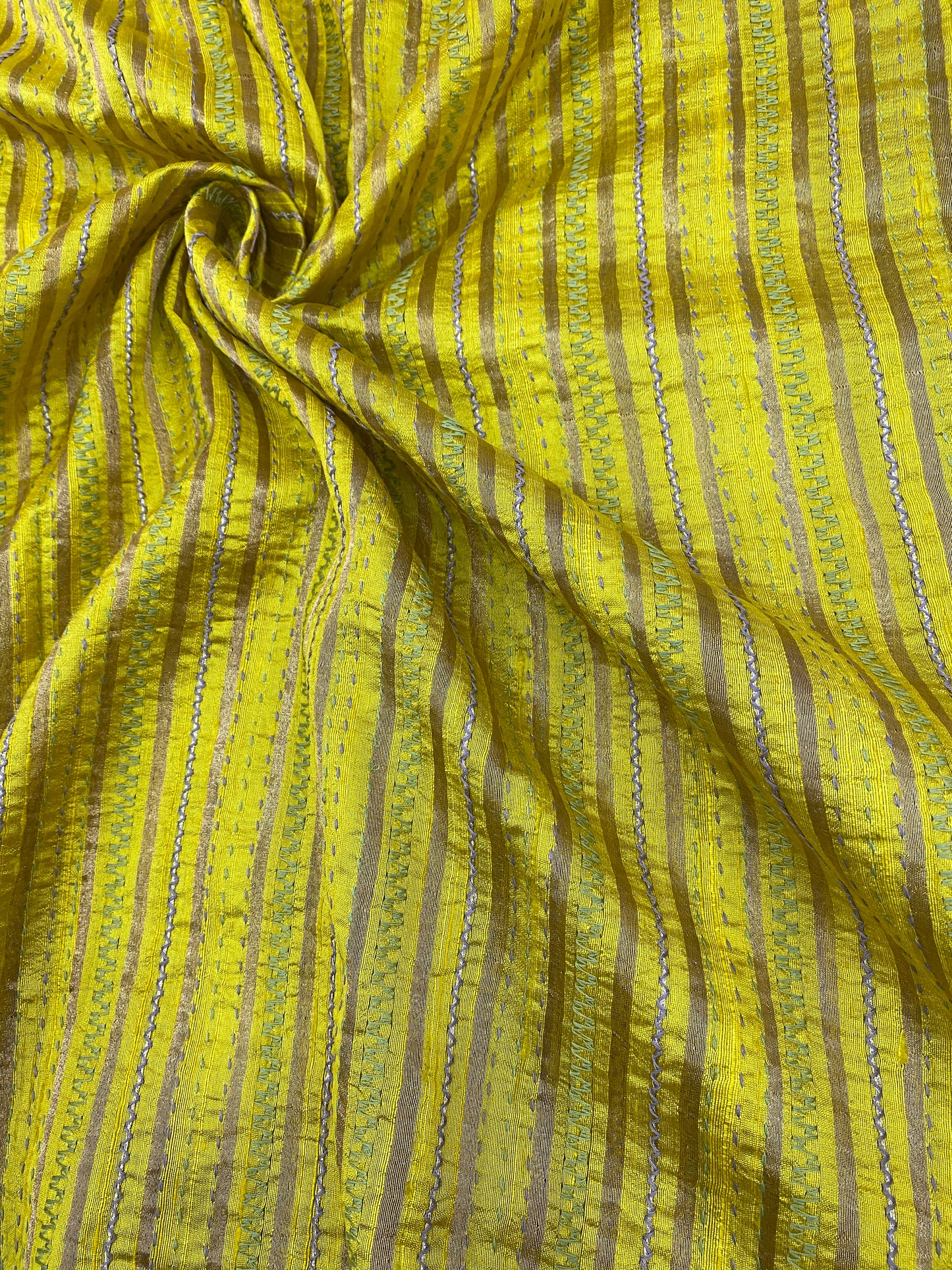 Pure Raw Silk Tissue Stripes With Hand Katha Work
