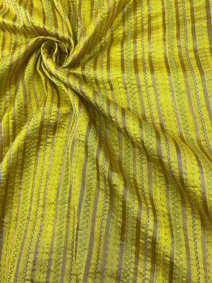 Pure Raw Silk Tissue Stripes With Hand Katha Work