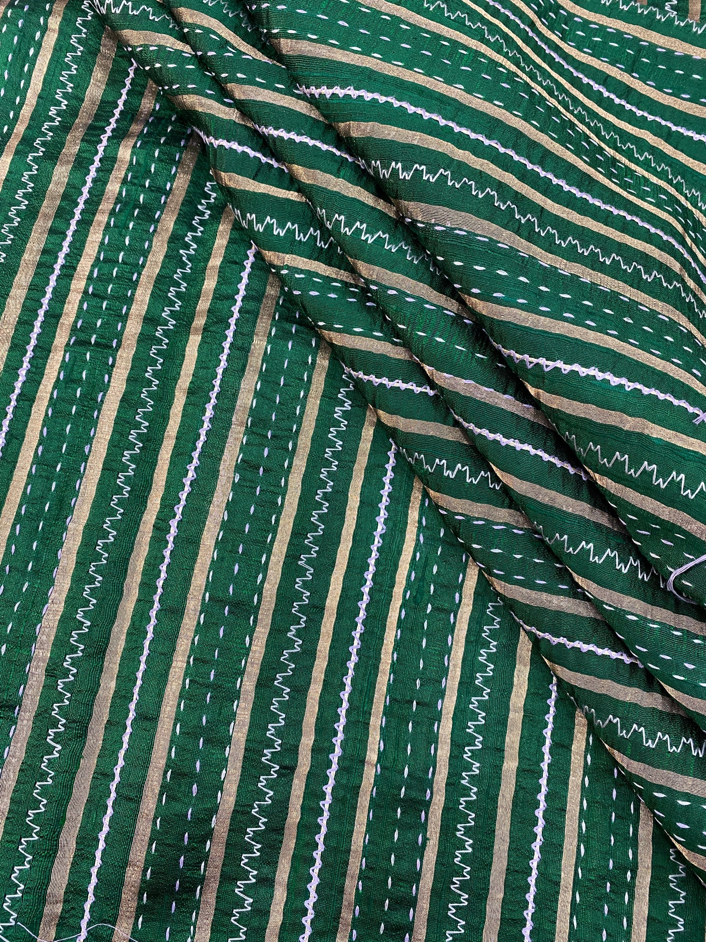 Pure Raw Silk Tissue Stripes With Hand Katha Work