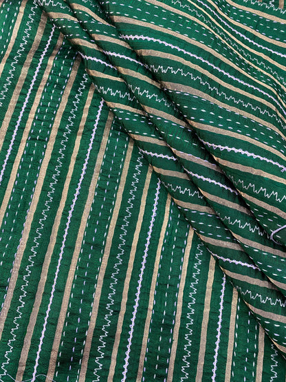 Pure Raw Silk Tissue Stripes With Hand Katha Work