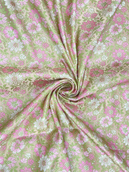 Eye Catching Flourishing Pretty Pastel Multi Color Floral Weaving On Banarasi Brocade Fabric