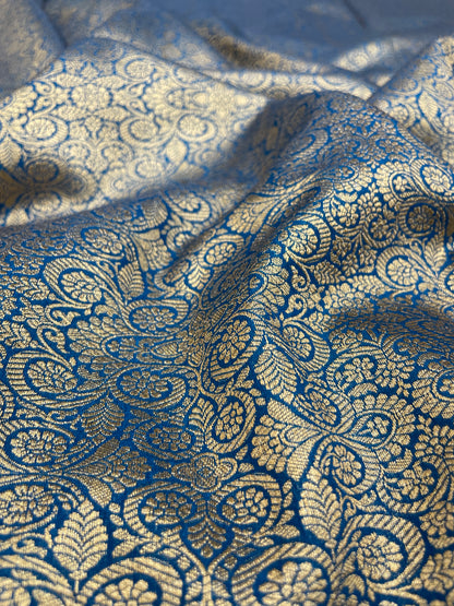 Stunning Adorable Floral Golden Zari Weaving On Banarasi Fabric