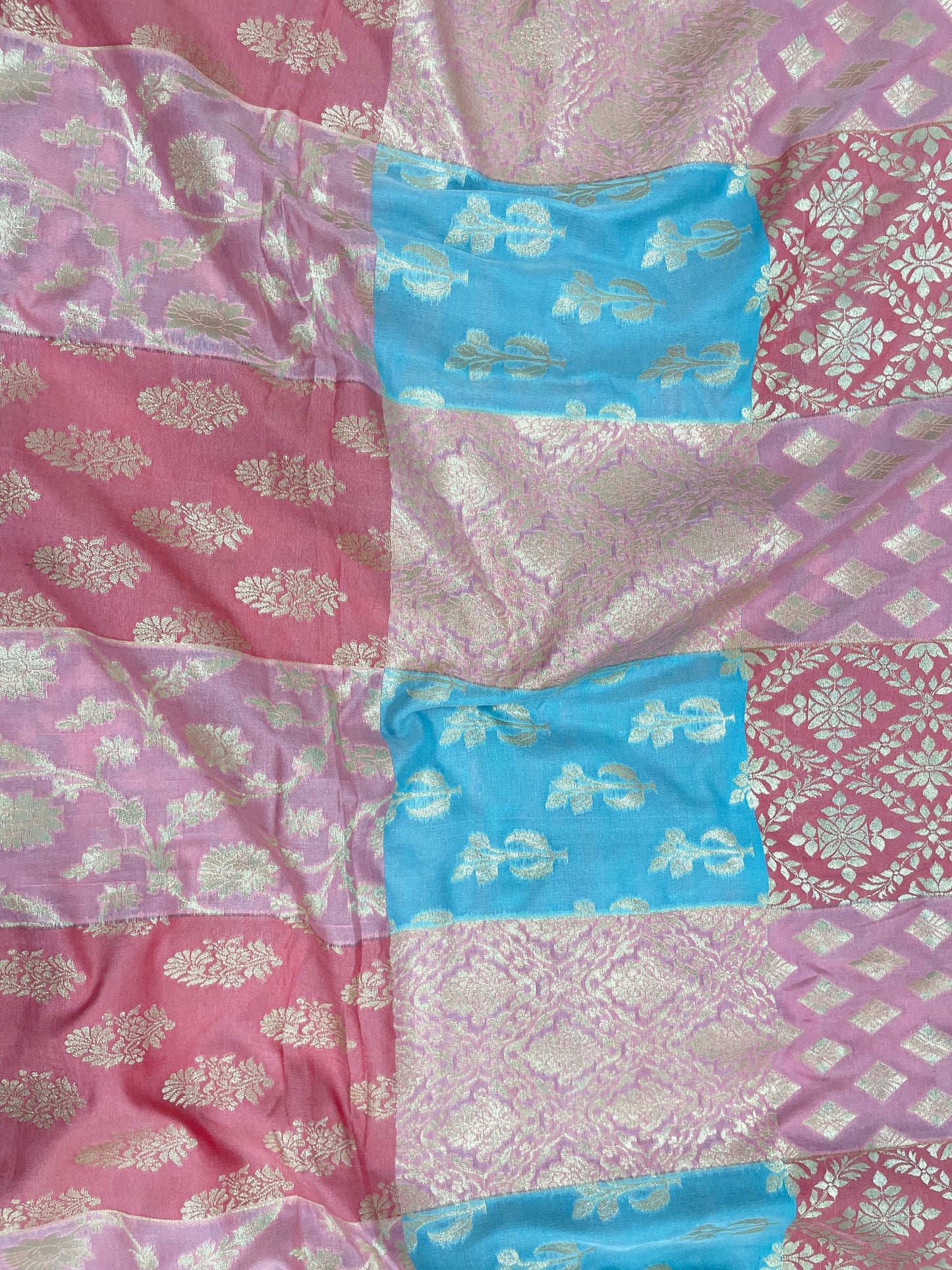 Unique Top Notch Multi Color Patchwork Traditional Zari Jacquard Weaving On Banarasi Brocade Fabrics