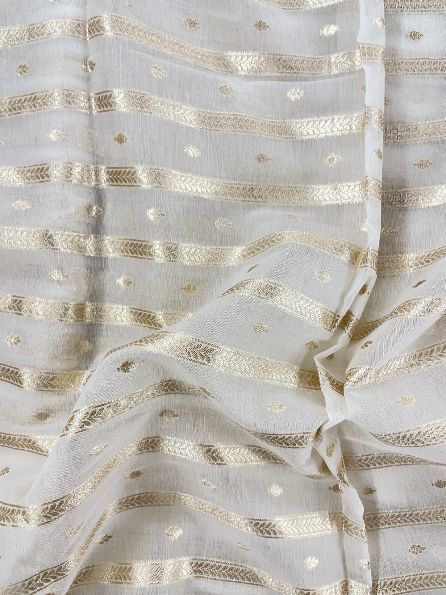 Elegant Attractive Stripe With Little Leaf Zari Weaving On White Banarasi Chanderi Jacquard Fabric