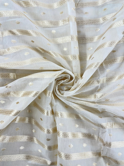 Elegant Attractive Stripe With Little Leaf Zari Weaving On White Banarasi Chanderi Jacquard Fabric