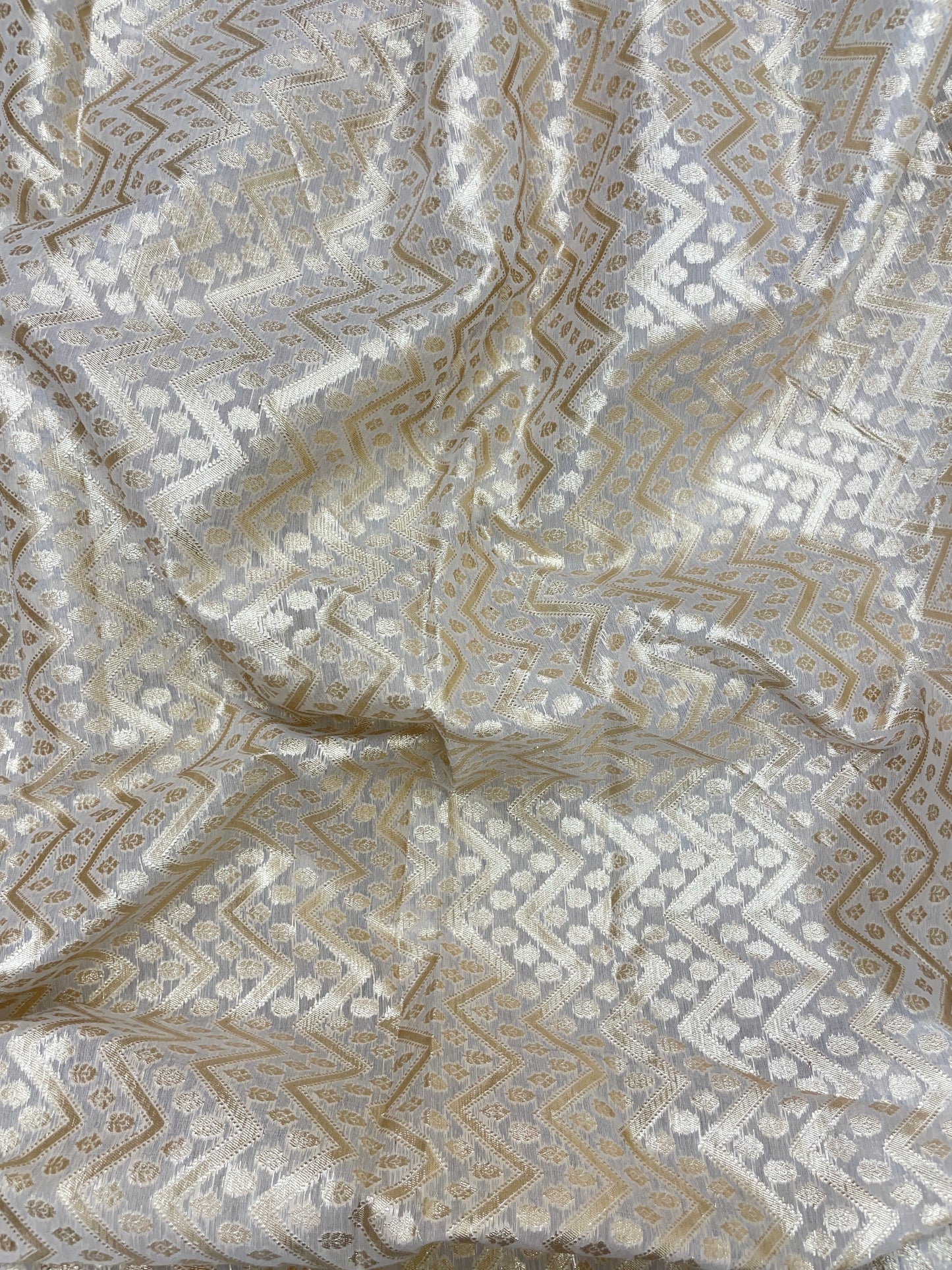 Exquisite Adorable All Over Zig Zag Golden Zari Weaving On White Banarasi Chanderi Jacquard  Fabric