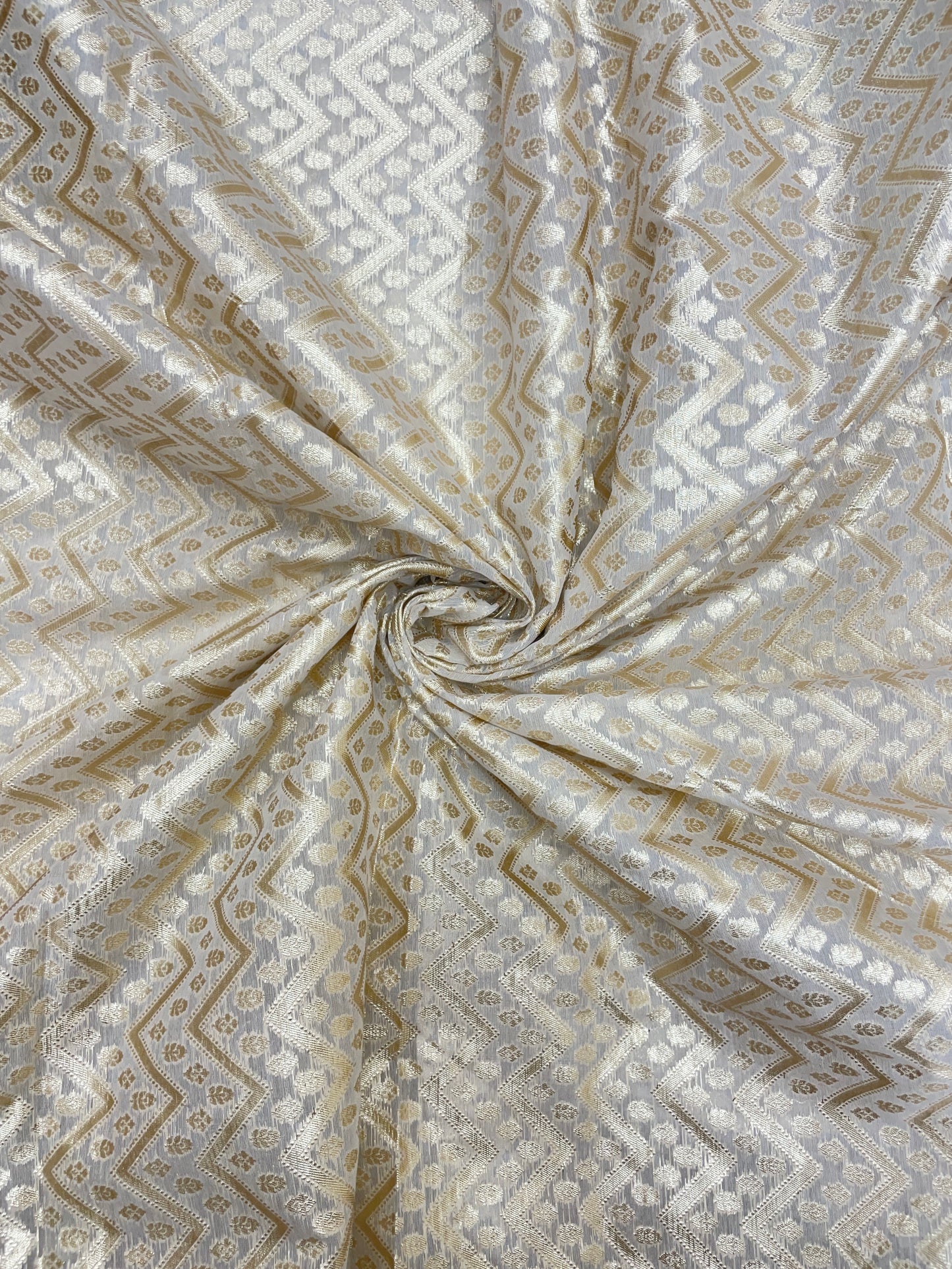 Exquisite Adorable All Over Zig Zag Golden Zari Weaving On White Banarasi Chanderi Jacquard  Fabric