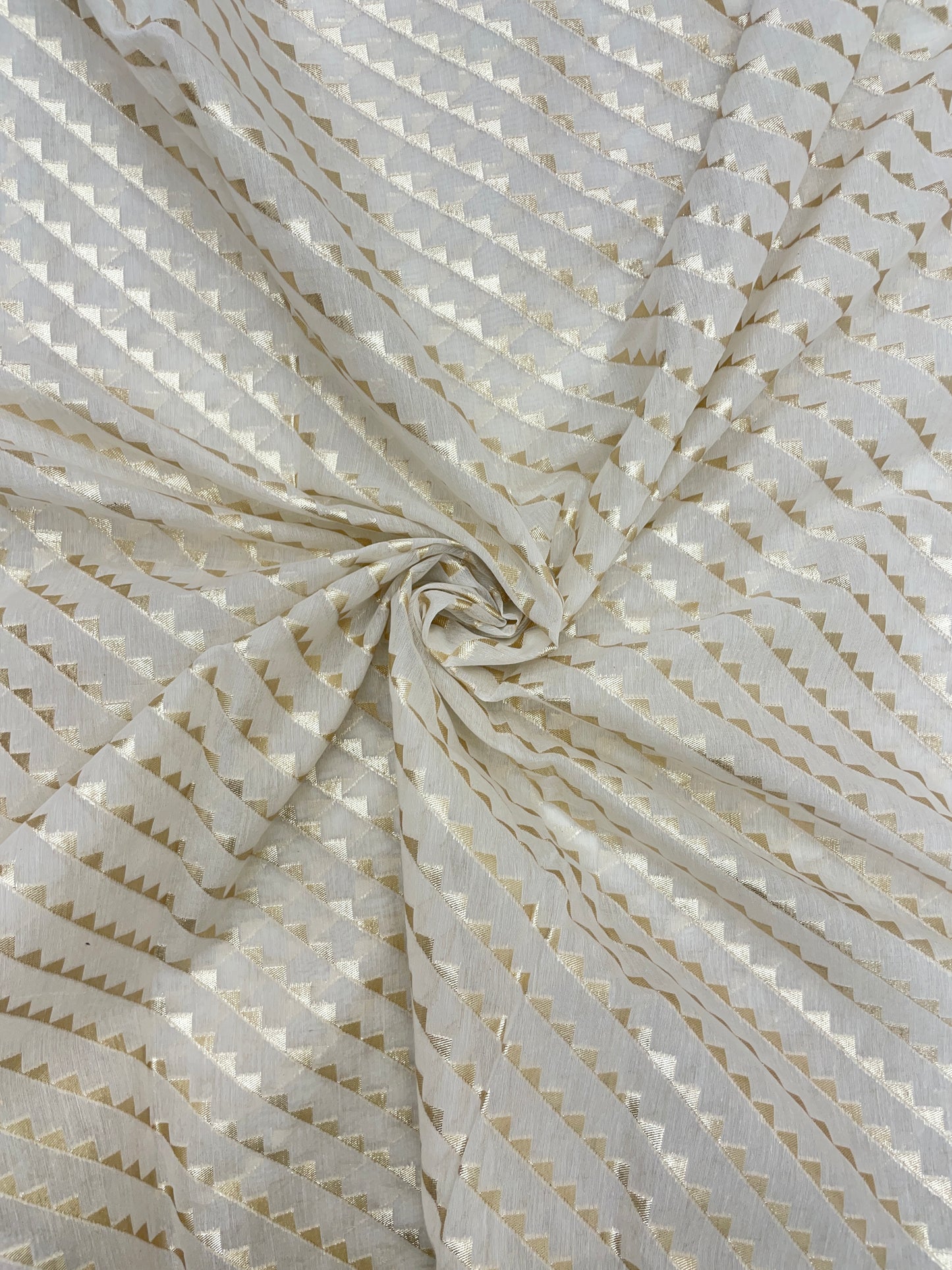 Amazing Attractive All Over Triangular Golden Zari Weaving On White Dyeable Banarasi Chanderi Jacquard Fabric