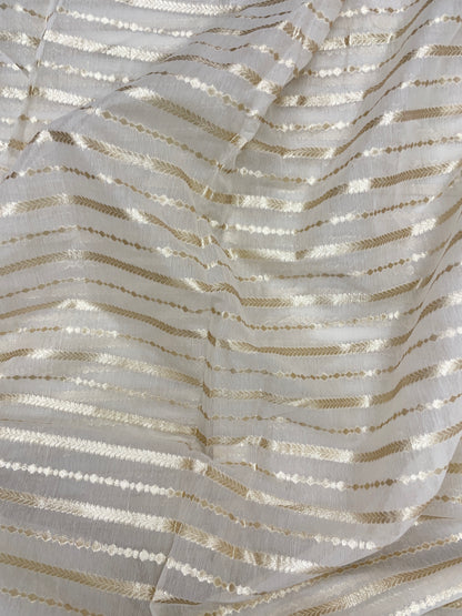 Gorgeous Elegant Horizontal Golden Stripe Zari Weaving On White Dyeable Banarasi Chanderi Jacquard Fabric