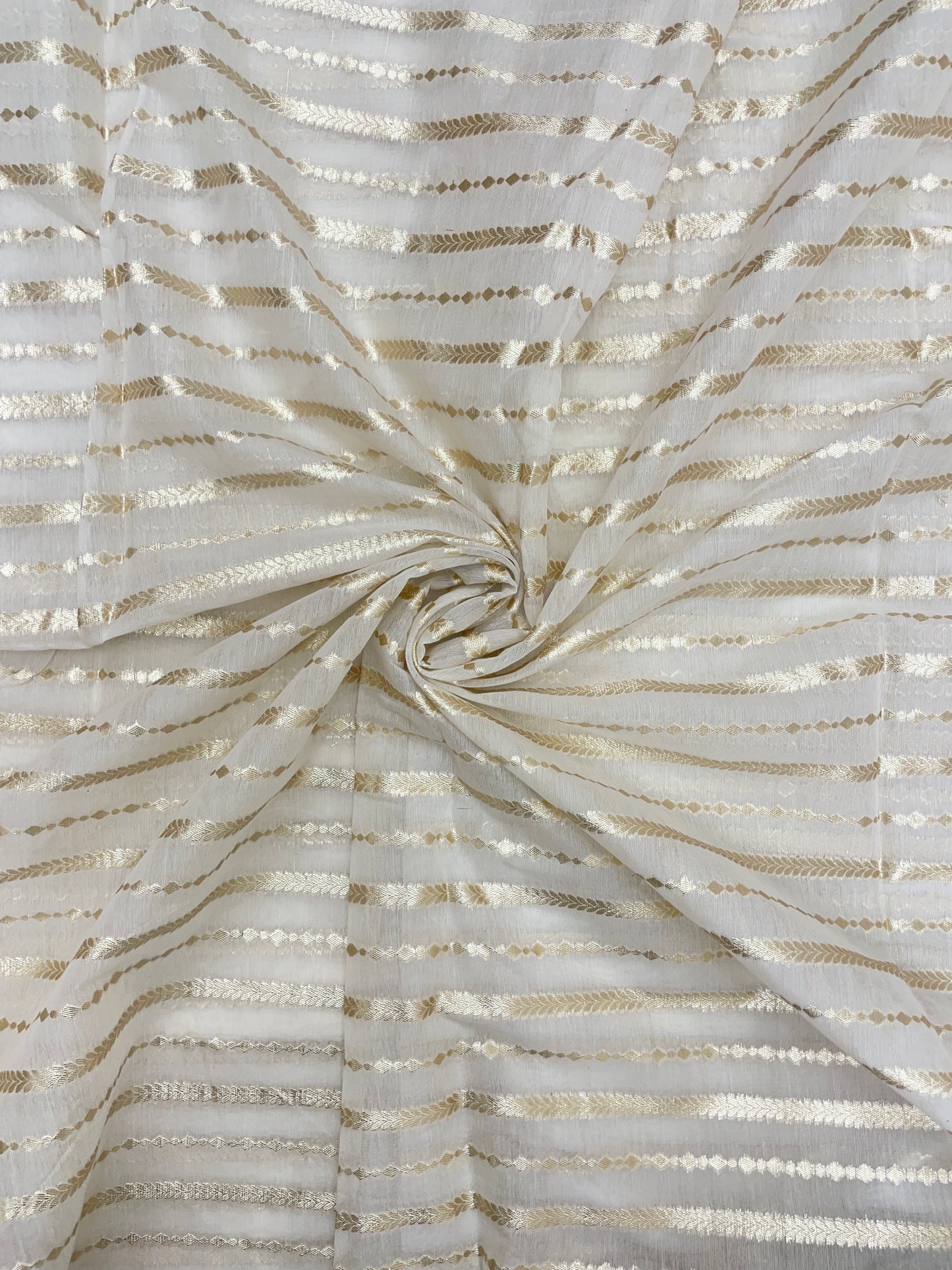 Gorgeous Elegant Horizontal Golden Stripe Zari Weaving On White Dyeable Banarasi Chanderi Jacquard Fabric