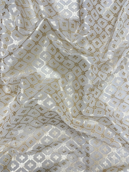 Luxurious Adorable All Over Traditional Golden Zari Weaving On White Dyeable Banarasi Chanderi Jacquard Fabric