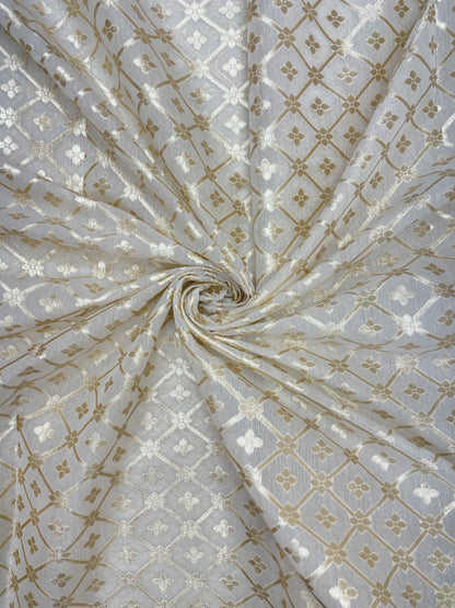 Luxurious Adorable All Over Traditional Golden Zari Weaving On White Dyeable Banarasi Chanderi Jacquard Fabric