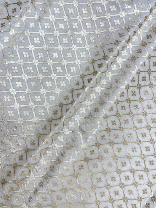 Luxurious Adorable All Over Traditional Golden Zari Weaving On White Dyeable Banarasi Chanderi Jacquard Fabric