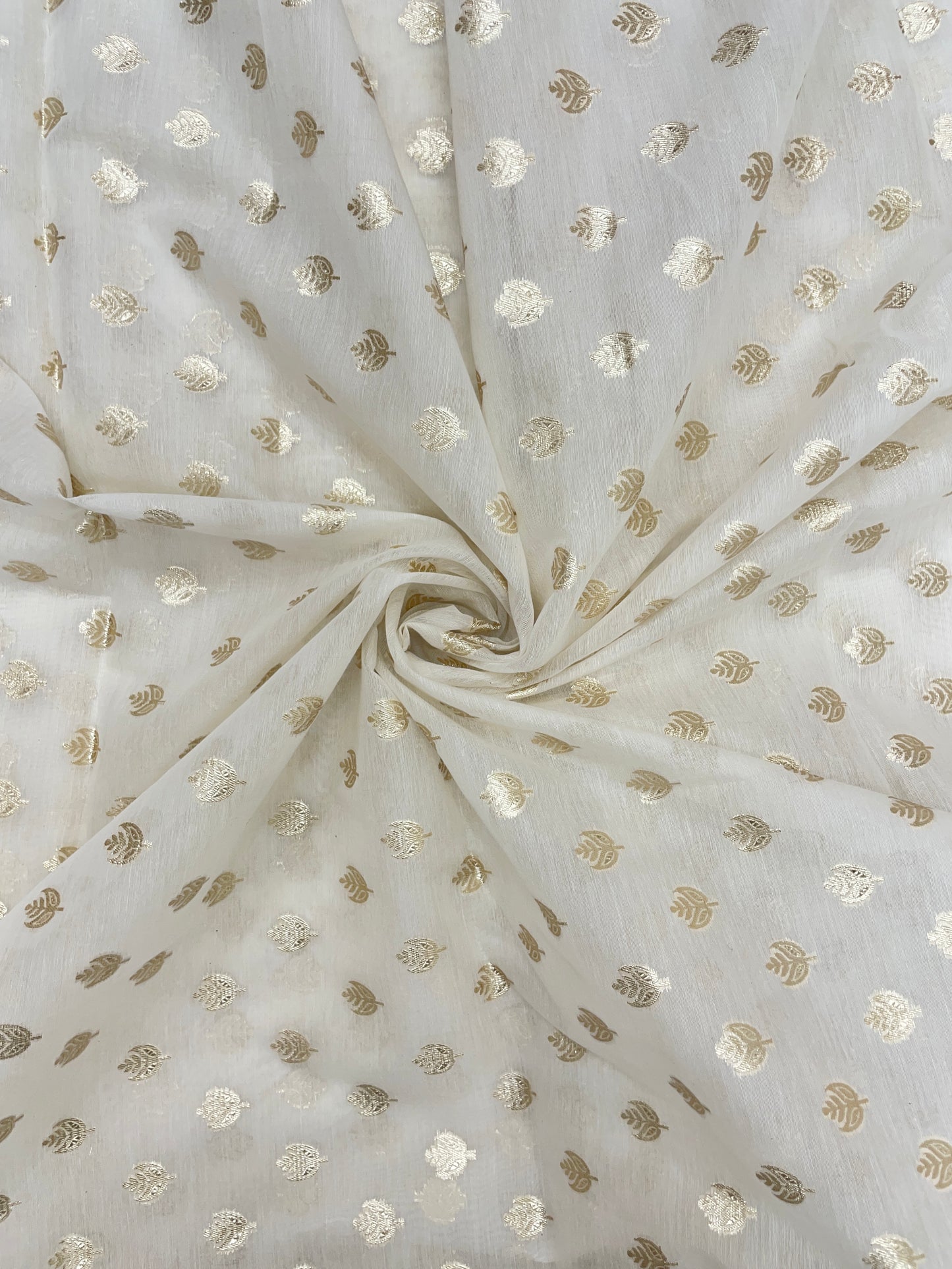 Dainty Eye Catching All Over Motif Golden Zari Weaving On White Dyeable Banarasi Chanderi Jacquard Fabric