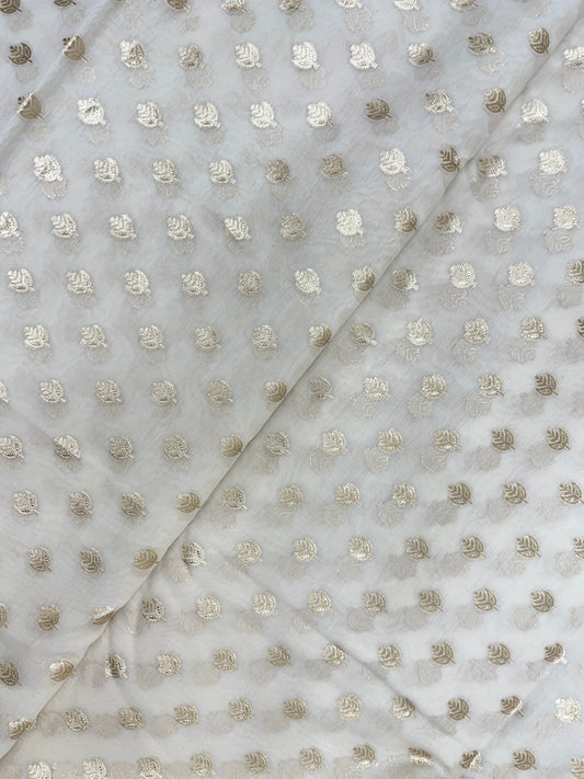 Dainty Eye Catching All Over Motif Golden Zari Weaving On White Dyeable Banarasi Chanderi Jacquard Fabric